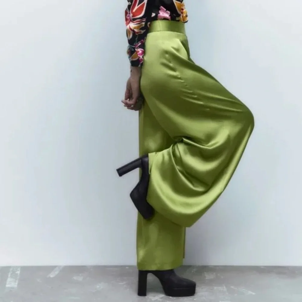 Zara Olive Green Wide-Leg Pleated Trousers Size S - Picture 5 of 16